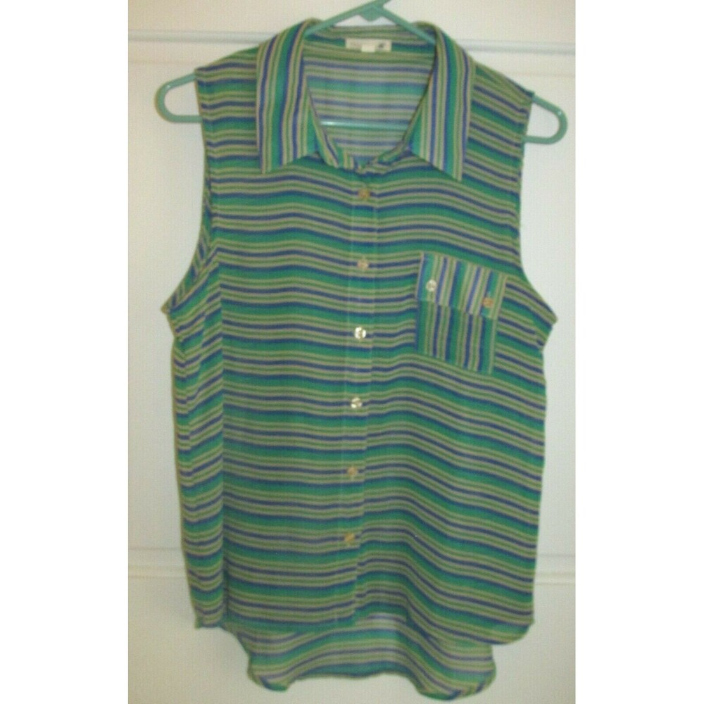 Mine Women's Green Blue Yellow Striped Sleeveless Button Front Sheer Top Size L